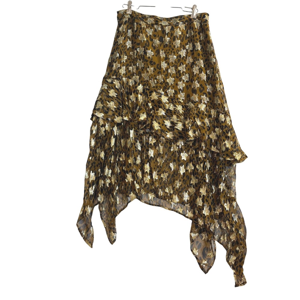 CIEBON Leopard Gold Metallic Star Asymmetrical Ruffle Midi Skirt Large NEW $88